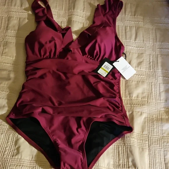 DKNY Elegant Burgundy Ruffled One-Piece Swimsuit Size 14 (Large) - Picture 4 of 8